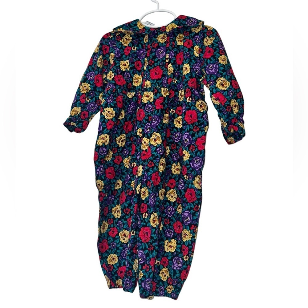 Vtg Genuine Girl black purple Floral Patterned Jumpsuit romper sz XS 2-3T